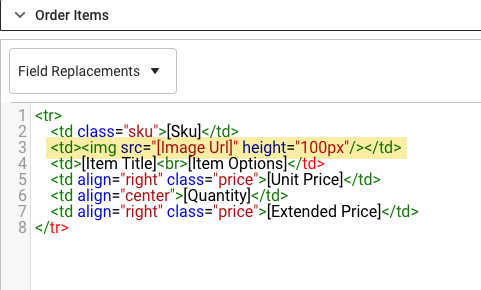 Section Articles de la commande du modèle avec l'entrée URL de l'image encadrée en rouge