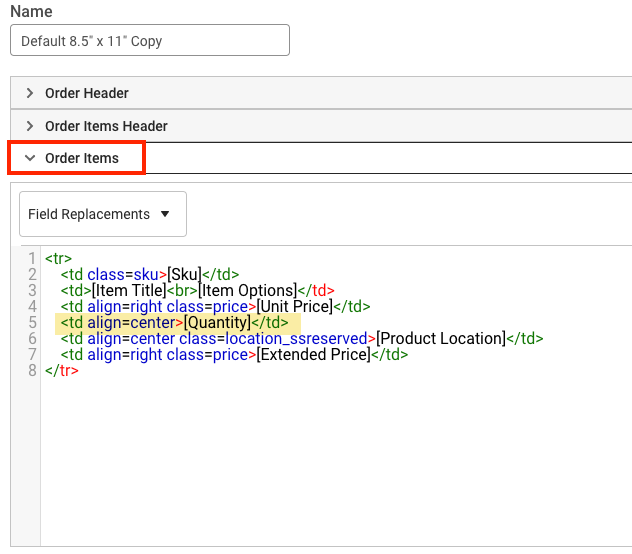 Code HTML du bon de livraison : section Articles de la commandé encadrée et code de la quantité d'article surligné