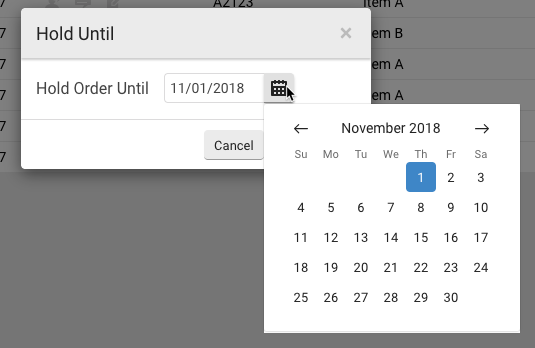 Fenêtre contextuelle « Mettre en attente la commande jusqu'à ». Un calendrier s'affiche. La date sélectionnée est encadrée en rouge. Des flèches permettent de naviguer entre les mois.