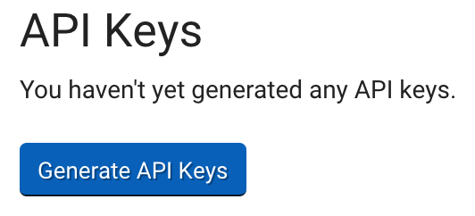 Paramètres du compte : Clés API : indique « Vous n'avez généré aucune clé API ». Bouton « Générer de nouvelles clés API ».