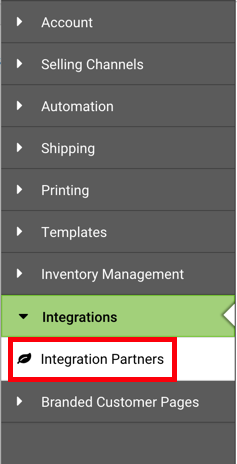 Barre latérale des paramètres : menu déroulant des intégrations. L'option Partenaires d'intégration est encadrée en rouge.