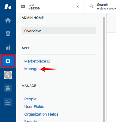 Menu de gestion Zendesk Apps avec l'icône roue dentée encadrée en rouge et une flèche pointant vers l'option de menu Manage.