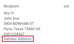 Le lien Valider l'adresse est encadré en rouge sous l'adresse du destinataire dans la fenêtre Détails de la commande.