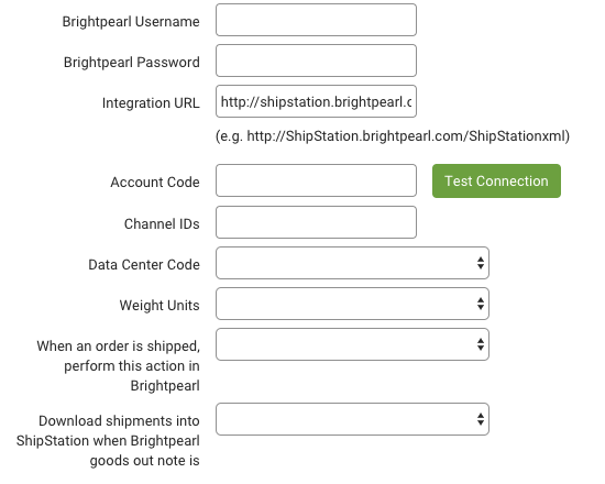 Champs du formulaire de connexion à BrightPearl dans les paramètres de ShipStation
