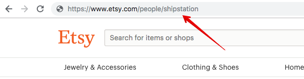 Image : site web Etsy, une flèche pointe vers le nom d'utilisateur dans l'URL.
