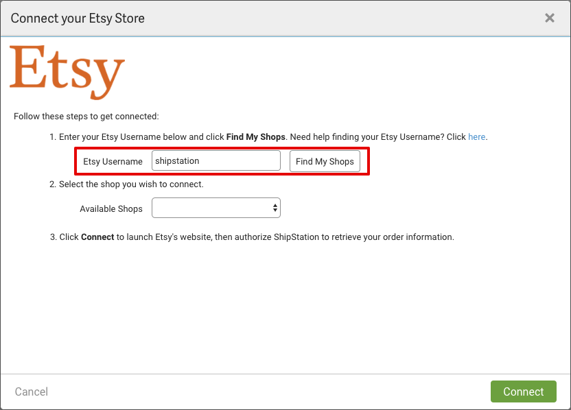 Formulaire de connexion d'une boutique Etsy avec le nom d'utilisateur Etsy encadré en rouge.
