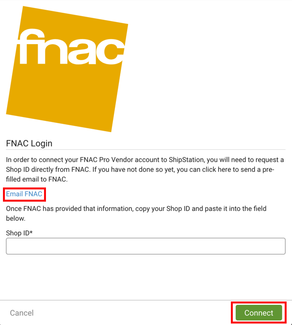 Image : fenêtre contextuelle de connexion de votre boutique FNAC avec le lien FNAC envoyé par e-mail encadré en rouge
