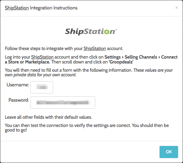 Fenêtre contextuelle Groopdealz. Possède des instructions et des champs d'intégration ShipStation pour les identifiants de connexion.