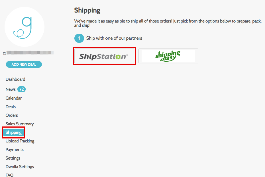 Image : tableau de bord Groopdealz, le menu Expédition et le logo de ShipStation sont encadrés en rouge