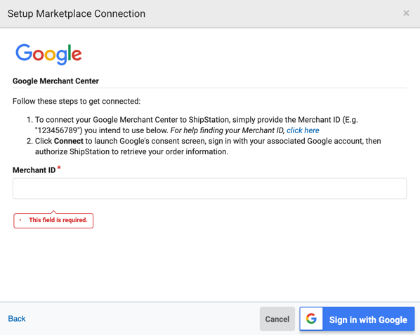Image : fenêtre contextuelle Configurer la connexion pour Google Store. Le champ Identifiant du marchand est obligatoire.