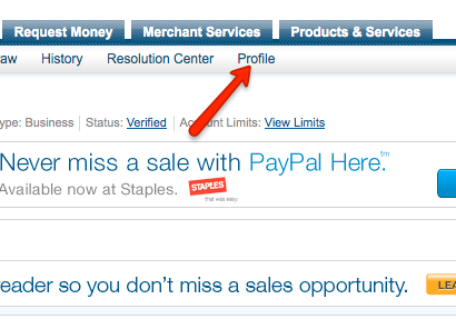 PayPal, Mon compte avec une flèche pointant vers le lien Profil.
