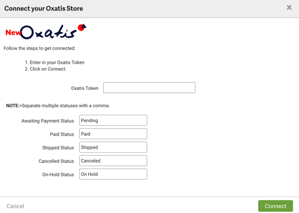 Capture d'écran Connecter une boutique Oxatis avec le champ pour le jeton Oxatis et une liste de statuts de commande.