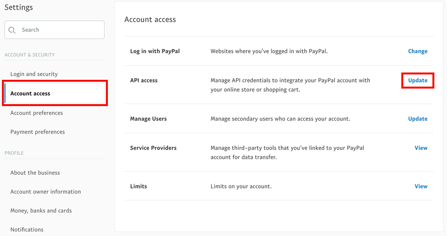 Paramètres PayPal avec l'option Accès au compte et le lien Mettre à jour en regard d'Accès API encadrés.