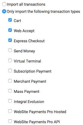 Connexion PayPal, liste des types de transactions.