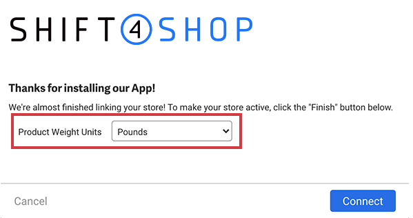 Associer la boutique Shift4Shop avec le menu déroulant des unités de poids des produits encadré en rouge.