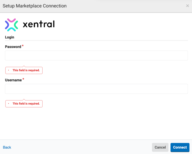 L'écran de connexion Xentral affiche les champs Mot de passe et Nom d'utilisateur.