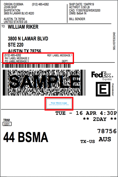 Exemple de logo sur l'étiquette FedEx et zone de messages encadrée en rouge.