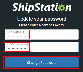 Écran ShipStation « Mettre à jour votre mot de passe » avec le nouveau mot de passe saisi dans les deux champs.