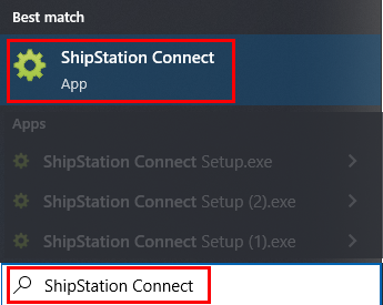 Application ShipStation Connect localisée à partir de la barre de recherche du bureau sous Windows. Cliquez sur la liste des résultats pour lancer.