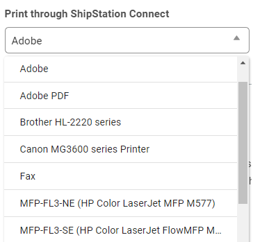 Menu déroulant des imprimantes disponibles « Imprimer avec ShipStation Connect » ouvert.