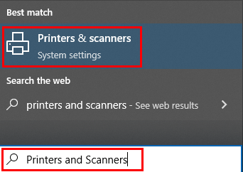 Paramètres Imprimantes et scanners ouverts à partir de la barre de recherche du bureau Windows.