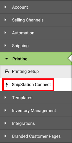 Barre latérale gauche des paramètres. Sous le menu déroulant Impression, l'option ShipStation Connect est encadrée en rouge.