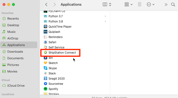 Dossier d'application MAC avec ShipStation Connect encadré en rouge.