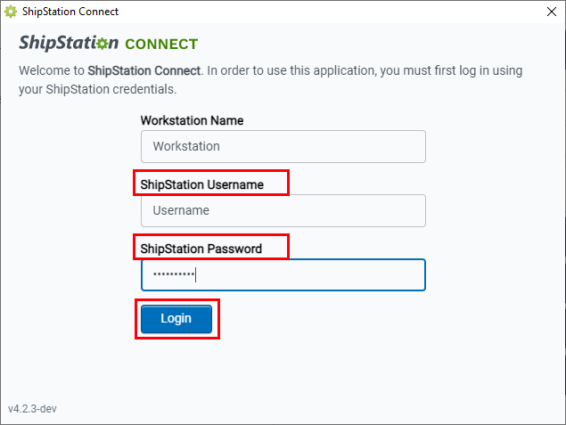 L'écran de connexion de ShipStation Connect s'affiche avec les champs Nom d'utilisateur et Mot de passe encadrés en rouge.