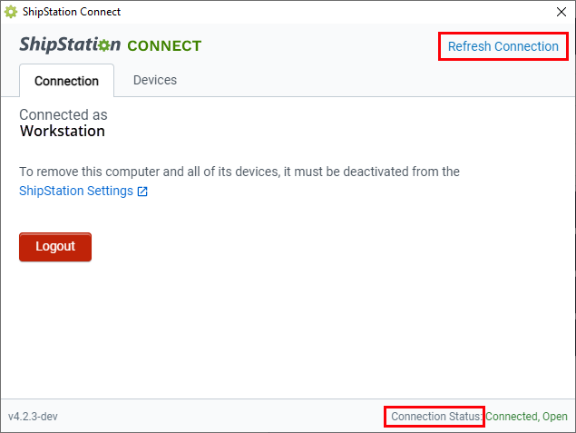 Le lien d'actualisation de la connexion est encadré en rouge dans l'application ShipStation Connect. L'indicateur d'état de la connexion est également encadré en rouge.