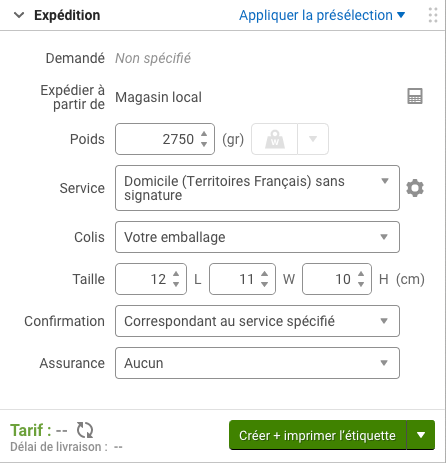 Widget Configurer l'expédition (CSW pour « Configure Shipment Widget »). Langue française. Affiche l'expédition configurée.