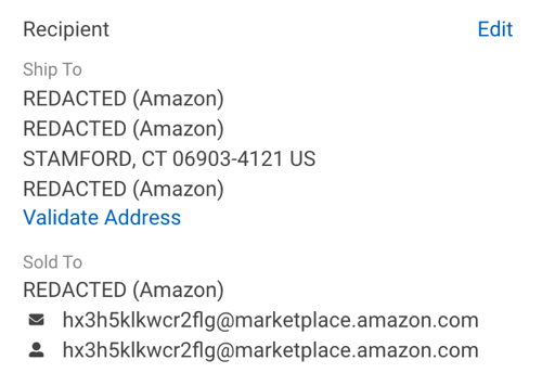 Section Destinataire des détails d'une commande, informations clients effacées par Amazon