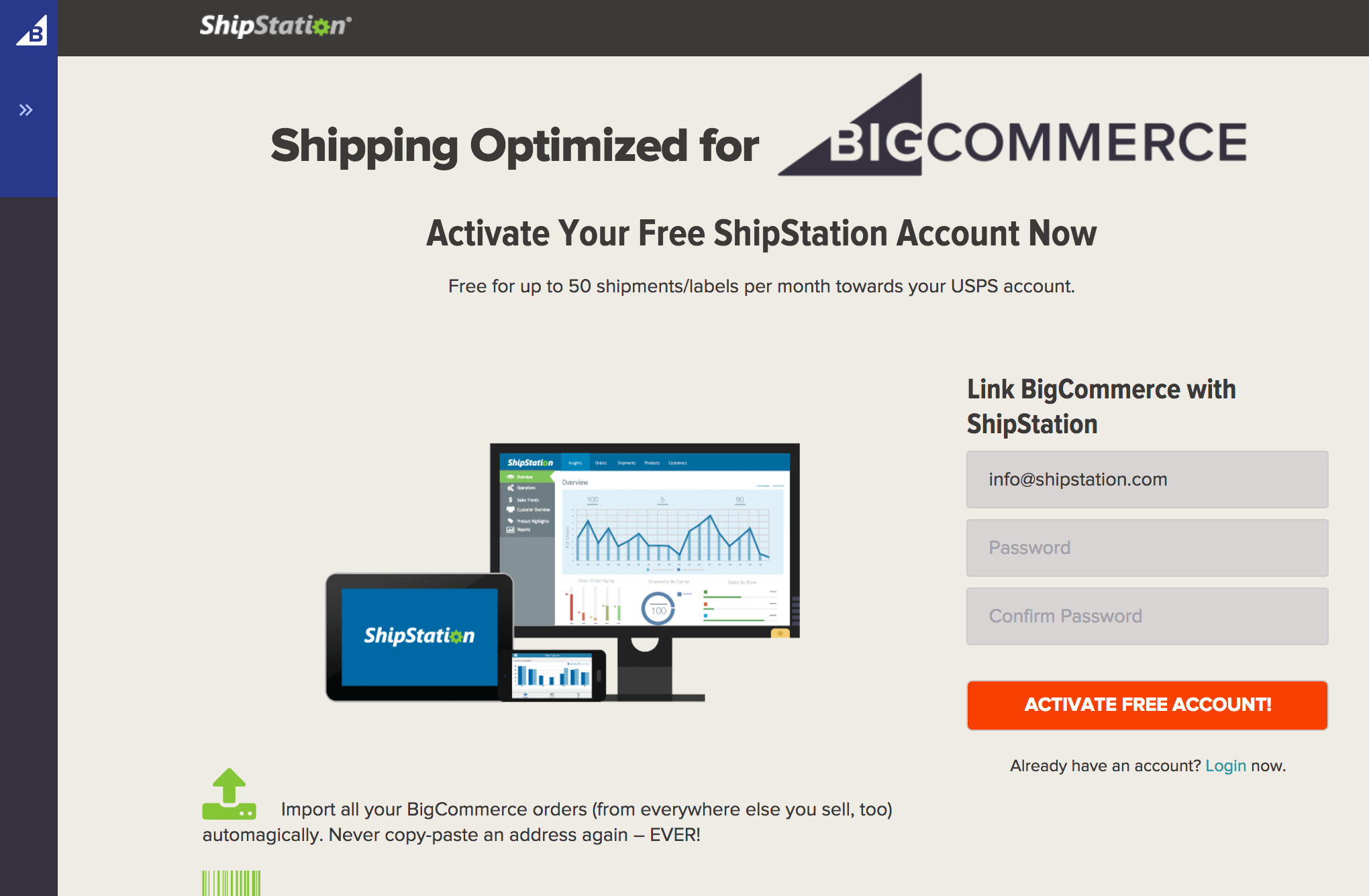Page de connexion de ShipStation ouverte dans BigCommerce