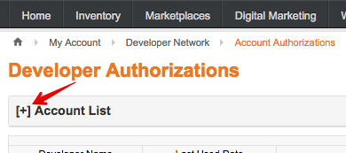 Les paramètres d'autorisation du compte ChannelAdvisor s'ouvrent avec une flèche pointant vers le menu « Liste de comptes ».
