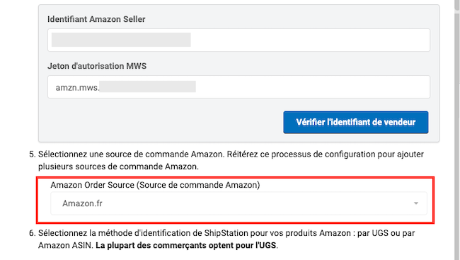 Formulaire Associer Amazon avec le menu Source de commande Amazon Order Source encadré en rouge.