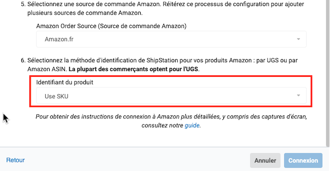 Formulaire Associer Amazon avec le menu Identifiant de produit encadré en rouge.