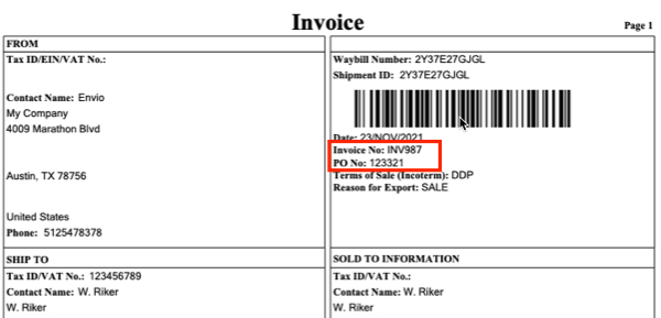 Exemple de facture commerciale UPS avec les champs « N° de référence » et « N° du bon de commande » encadrés en rouge.
