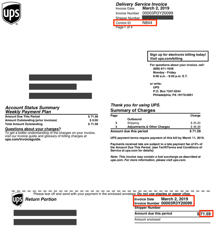 Exemple de facture UPS avec le numéro de référence, la date de facturation, l'identifiant de contrôle et le montant dû encadrés en rouge.