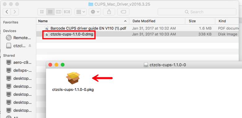 Le dossier du pilote CUPS Mac s'ouvre. Fichier compressé ouvert avec une flèche rouge pointant vers l'icône boîte ouverte pour décompresser le fichier.