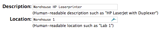 Modifier les paramètres de l'imprimante dans CUPS avec les champs Description et Emplacement remplis.