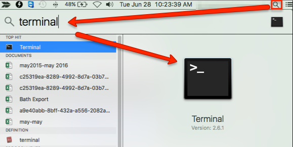 Icône de recherche sur le bureau Mac encadrée en rouge avec « terminal » tapé dans la barre de recherche. Application Terminal mise en surbrillance dans les résultats de recherche.