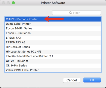 Le menu du logiciel d'impression dans les Préférences système de l'interface Mac s'ouvre avec l'imprimante Citizen sélectionnée.