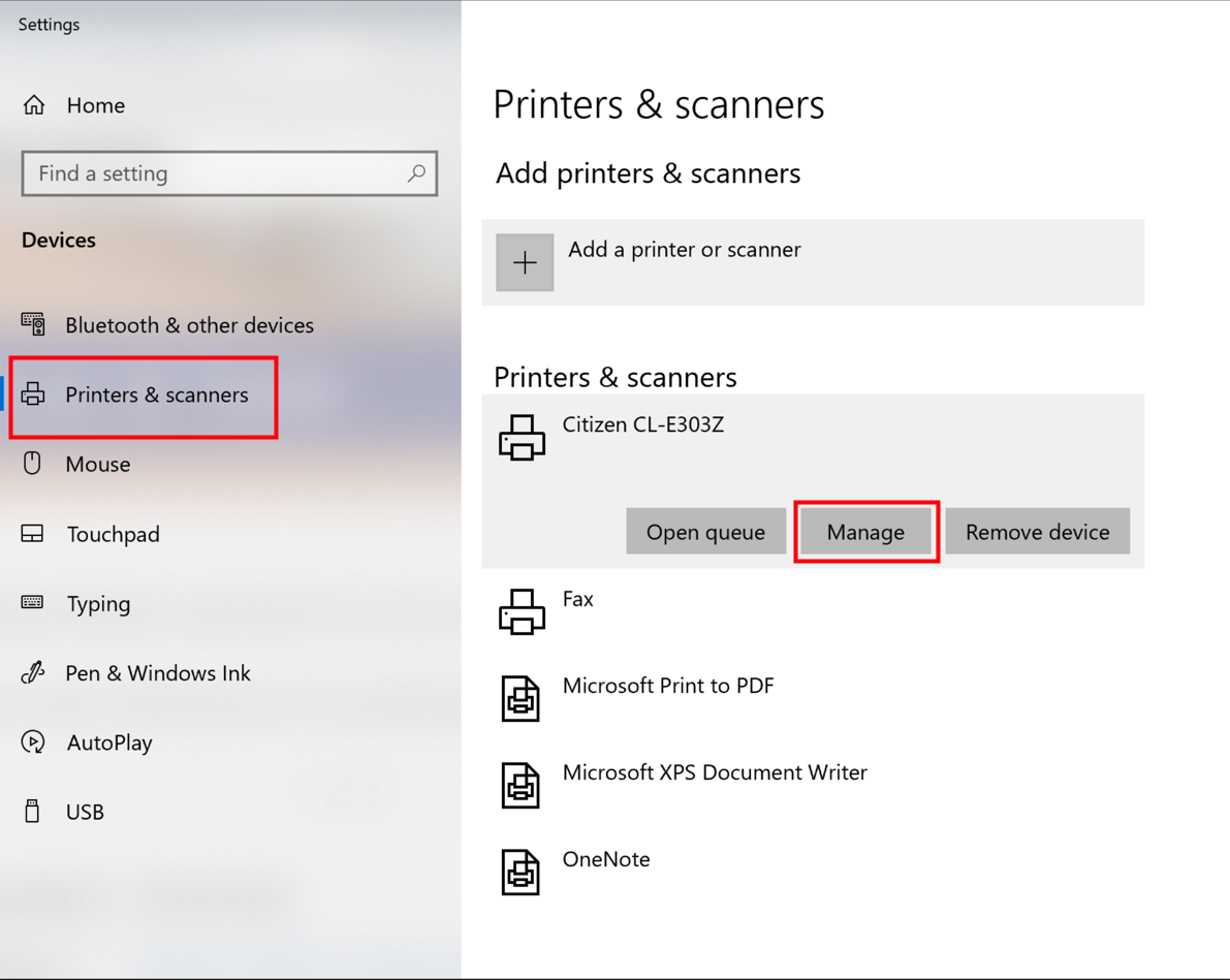 Menu Imprimantes et scanners dans Windows, s'ouvre dans Paramètres, avec le bouton Gérer encadré en rouge sous l'imprimante Citizen connectée.
