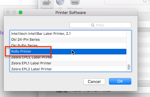 Le menu du logiciel d'impression dans les Préférences système de l'interface Mac s'ouvre avec l'imprimante Rollo sélectionnée.