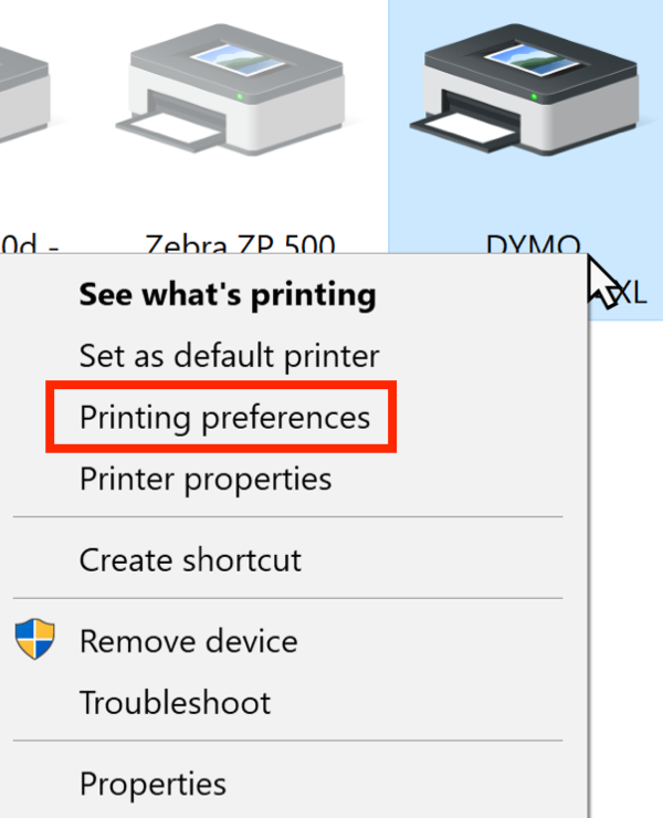 Menu contextuel de l'imprimante DYMO avec Préférences d'impression encadré en rouge.
