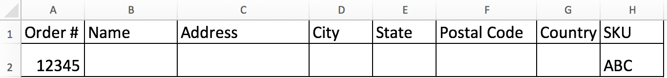 Extrait de fichier de commande CSV dans Excel rempli avec les colonnes Numéro de commande et SKU.
