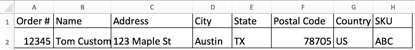 Fichier CSV de commande dans Excel avec des colonnes remplies, dont le numéro de commande, le nom du client, l'adresse et le SKU du produit.